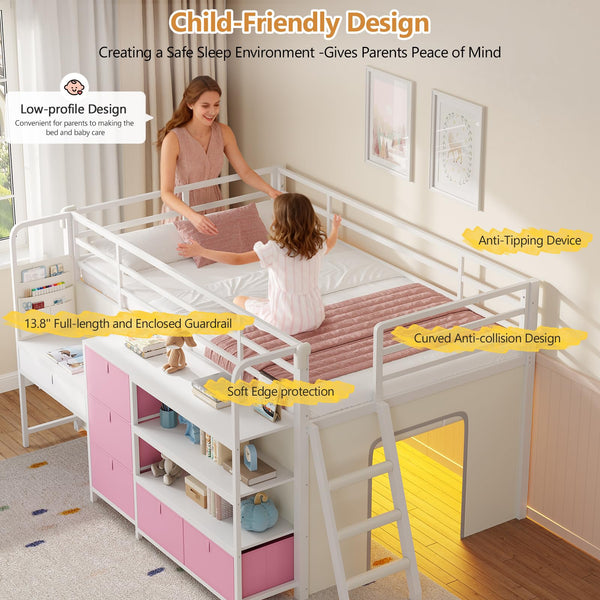 Twin Low Loft Bed with Desk, Storage Drawers, Bookshelf & LED Lights