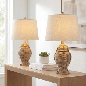 Natural Wicker Table Lamp Set of 2 with Linen Shade