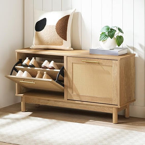 Rattan Shoe Storage Bench with Flip Drawers