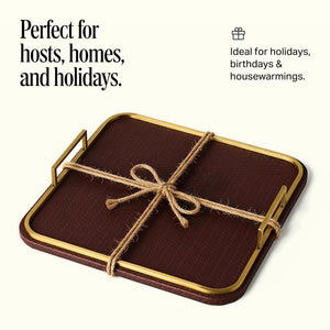Square Woven Vegan Leather Decorative Tray with Brushed Brass Handles