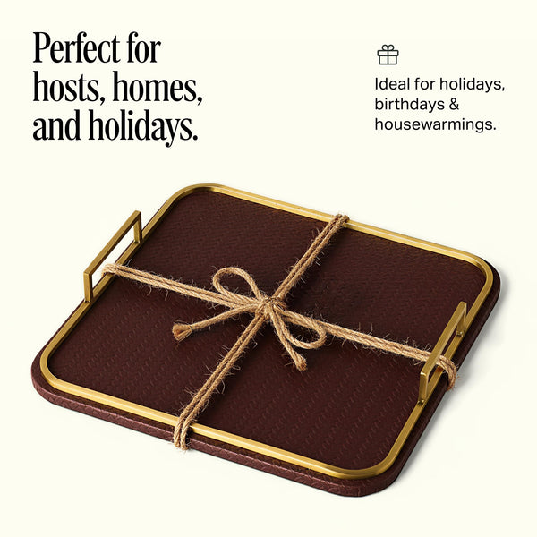 Square Woven Vegan Leather Decorative Tray with Brushed Brass Handles