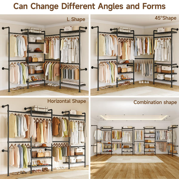 Wall Mounted Industrial Pipe Clothing Rack with 6 Rods & 8 Shelves