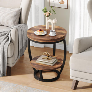 2-Tier Round Industrial End Table with Metal Frame