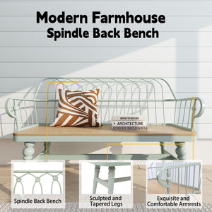 Farmhouse Spindle Back Bench with Armrests & Back Support