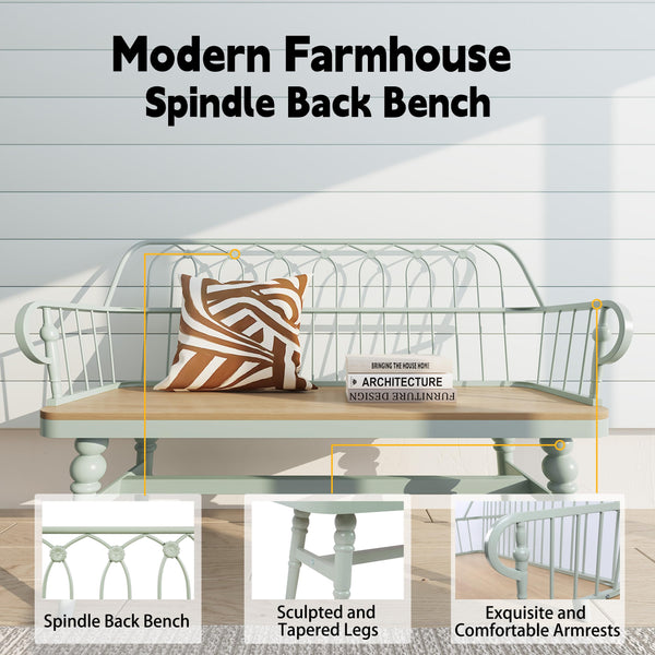 Farmhouse Spindle Back Bench with Armrests & Back Support