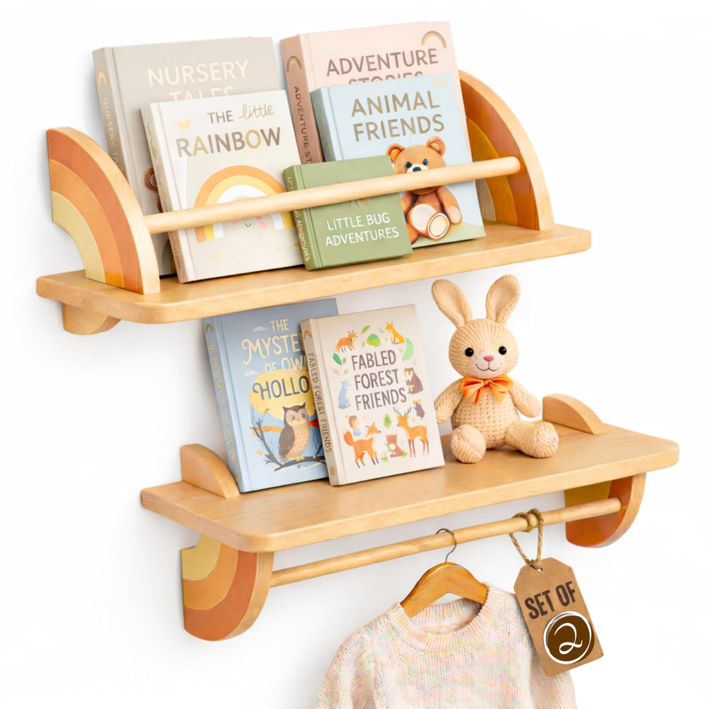 Solid Beechwood Kids Floating Wall Shelves Set of 2 with Hanging Bar