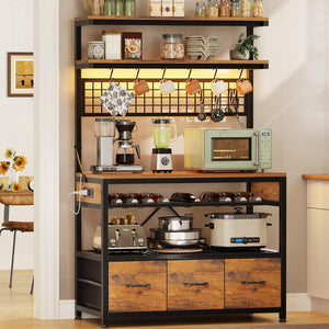 6-Tier Baker's Rack with Power Outlets, LED Lights & Wine Rack