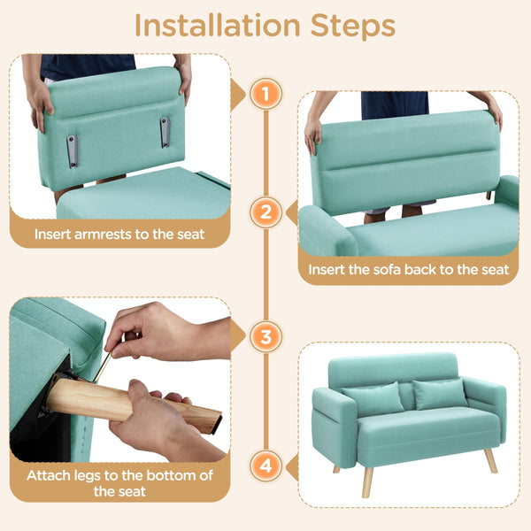 46" Modern Fabric Loveseat Sofa with Lumbar Pillows & Solid Wood Legs