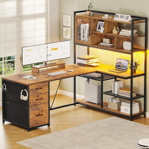 L-Shaped Computer Desk with Bookshelf, Drawers & LED Light