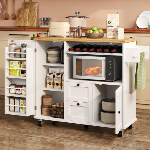 Rolling Kitchen Island with Storage, Drop-Leaf Countertop & Towel Rack