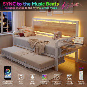 Twin Daybed with Pop-Up Trundle, RGB LED Headboard & Charging Station