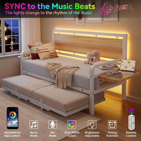 Twin Daybed with Pop-Up Trundle, RGB LED Headboard & Charging Station
