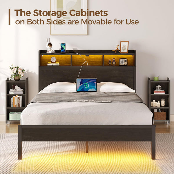 Metal Bed Frame with Storage Headboard, LED Lights & Charging Station