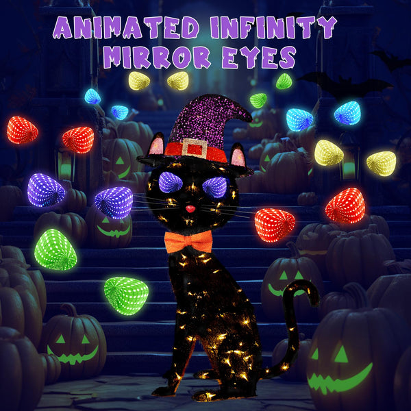 3.5 ft Pre-Lit Black Cat Halloween Decoration with Flashing Infinity Eyes & Witch Hat