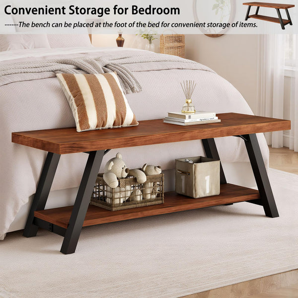 Rustic Wood Entryway Bench with Storage Shelf