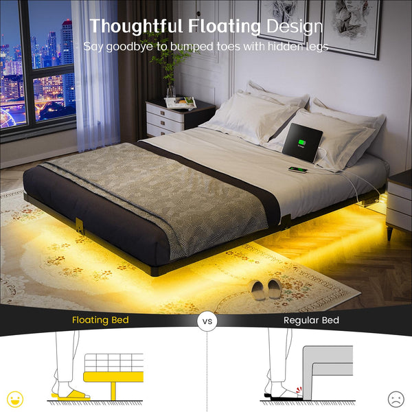 Floating Bed Frame with LED Lights & Charging Station
