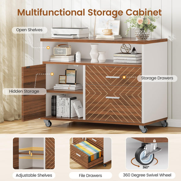 L-Shaped Executive Desk with Rolling File Cabinet & Power Outlets