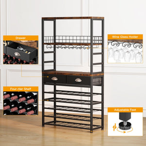 6-Tier Freestanding Wine Rack Cabinet with Drawer and Glass Holder