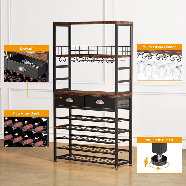 6-Tier Freestanding Wine Rack Cabinet with Drawer and Glass Holder
