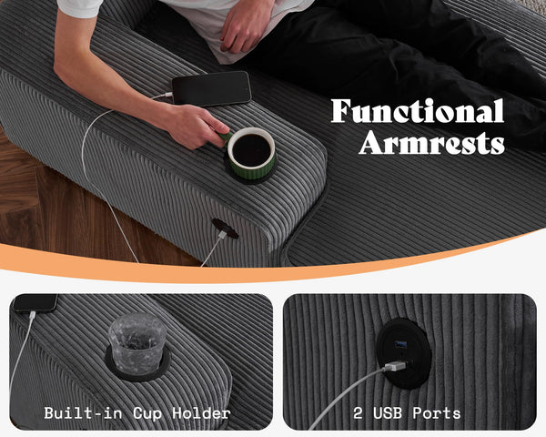 U-Shaped Sectional Sofa with Storage Chaise & Charging Ports