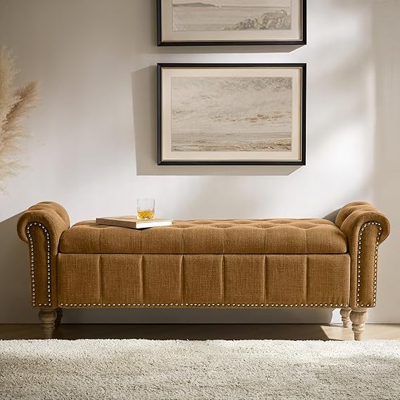HULALA HOME Farmhouse Upholstered Storage Bench, End of Bed Bench with Vintage Button Tufted Design(Blue)