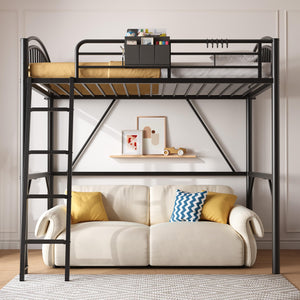 Twin Metal Loft Bed with Guardrails & Ladder