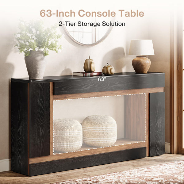 63-Inch 2-Tier Console Table – Black & Walnut