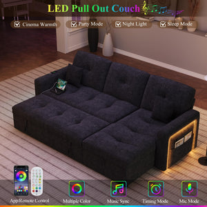 HIFIT 81" LED Sectional Sleeper Sofa with Pull Out Couch Bed, Convertible L Shaped Couch with Storage & USB & Adjustable Backrest & 2 Pillows, Chenille Sectional Couch for Living Room Bedroom, Black