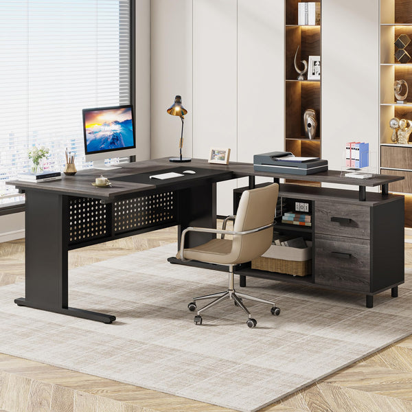 L-Shaped Executive Desk with File Cabinet and Storage Shelves