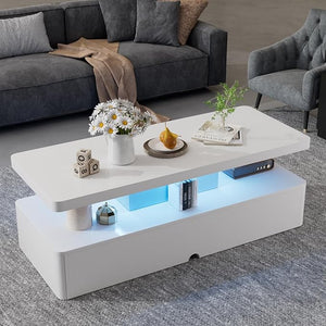 LED Coffee Table with Storage & Double-Layer Shelves