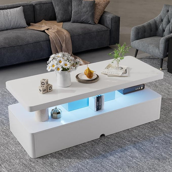 LED Coffee Table with Storage & Double-Layer Shelves