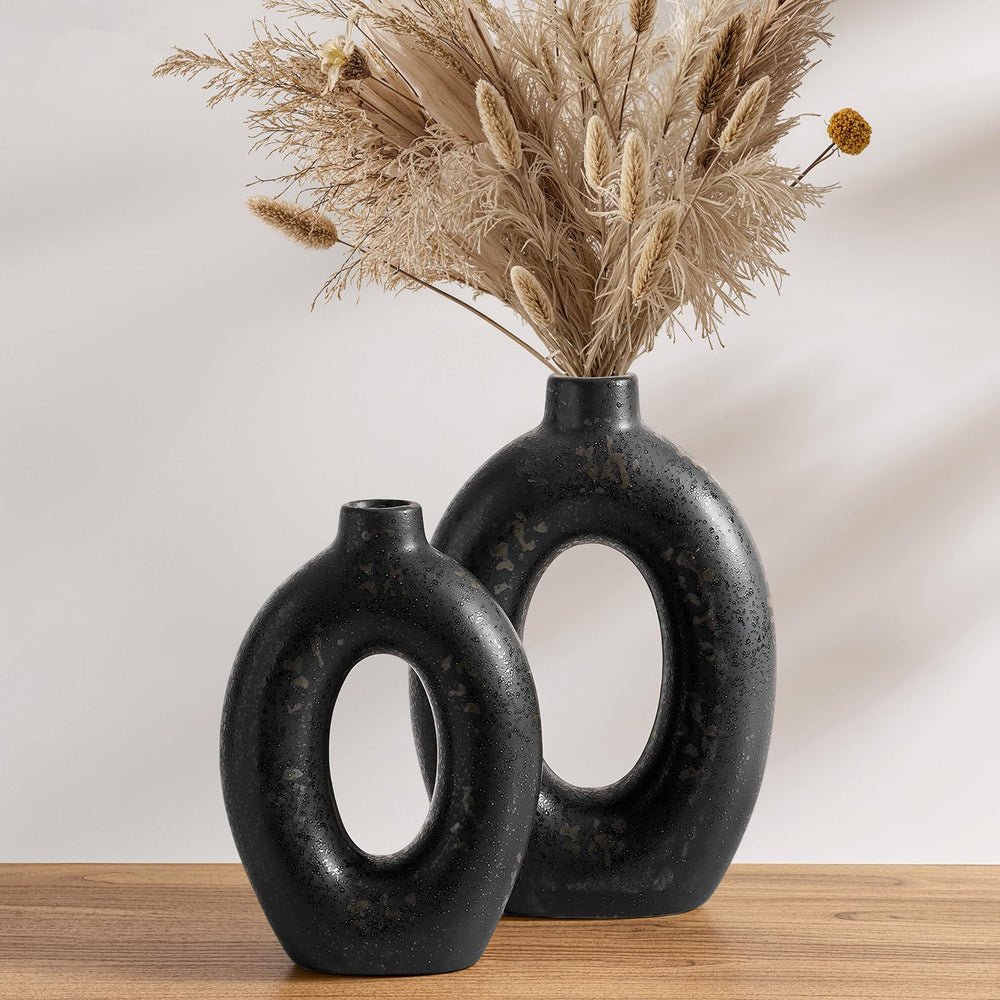 Ceramic Donut Vase Set of 2 – 10.5" & 8.5" Hollow Sculptural Flower Vases