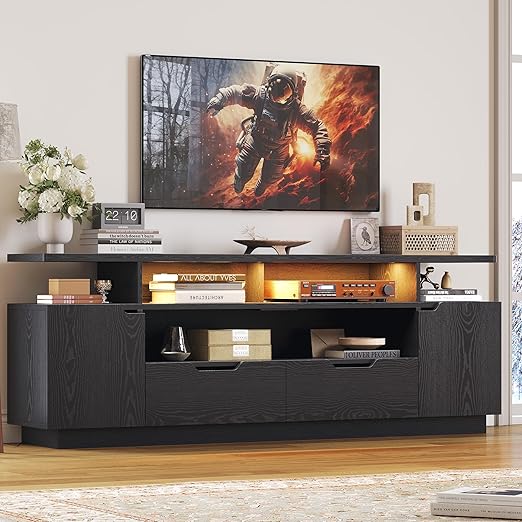 TV Stand with Power Outlet, LED Lights & Storage