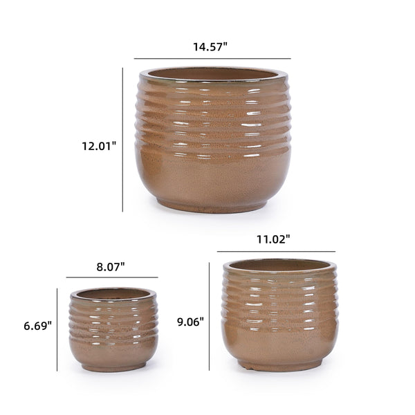 Ceramic Plant Pots Set of 3 with Drainage Holes – Ribbed Glossy Planters