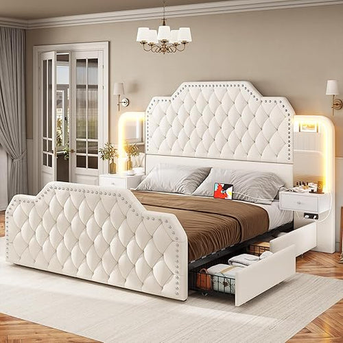 Queen Bed Frame with Storage Drawers, LED & Nightstands