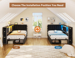 Twin Corner Bed Frame with Storage Headboard, LED Lights & Charging Station