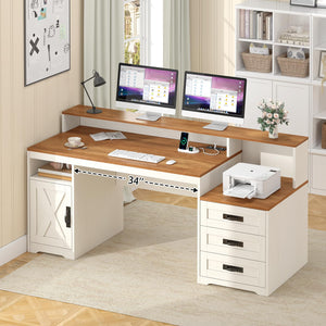 65-Inch Farmhouse Computer Desk with Drawers and Power Outlets