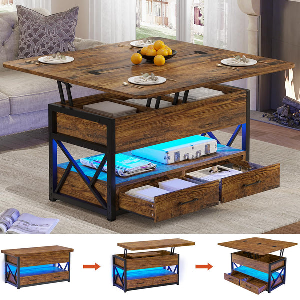 Lift Top Coffee Table with Storage, Drawers & LED Light