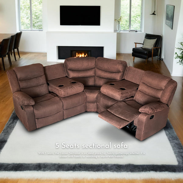 5-Seat L-Shaped Manual Reclining Sectional Sofa with Cup Holders