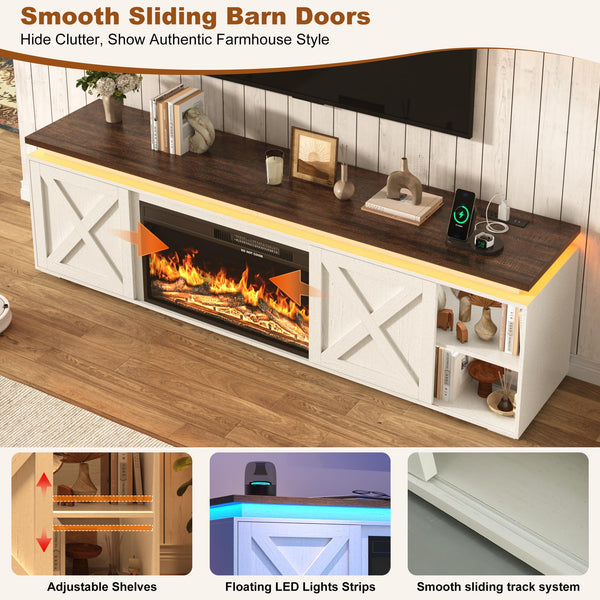 83" Farmhouse Fireplace TV Stand with LED Lighting & Storage Cabinets