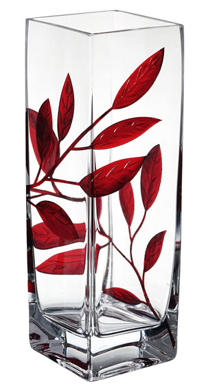 Hand-Blown Glass Square Vase with Red Leaf Decoration