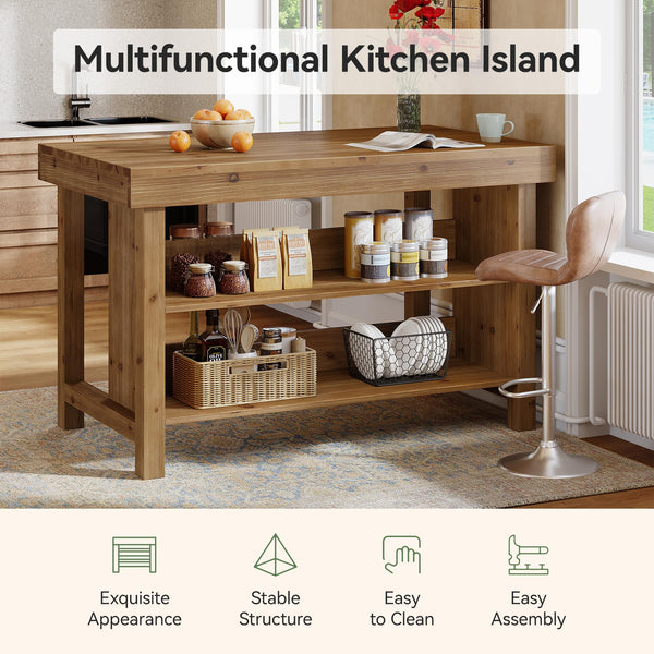 Solid Wood Kitchen Island with 3-Tier Open Shelves, 55 Inch Counter Height