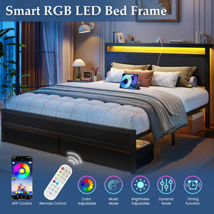 Queen Bed Frame with Storage Headboard, LED Lights & Charging Station