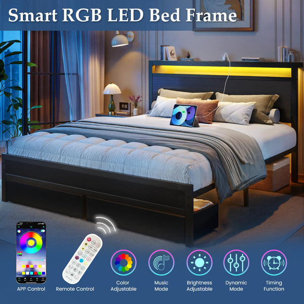 Queen Bed Frame with Storage Headboard, LED Lights & Charging Station