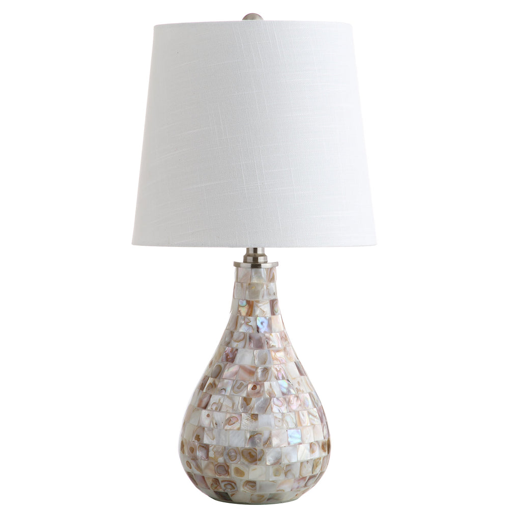 Seashell Coastal Mini LED Table Lamp with White Linen Drum Shade