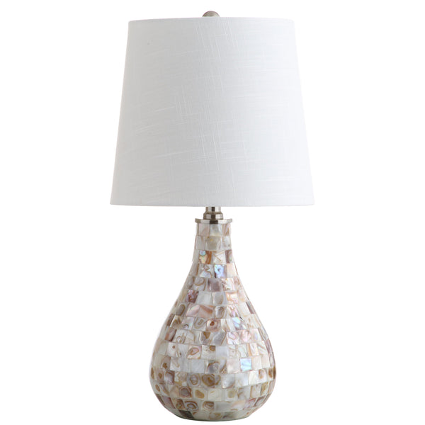 Seashell Coastal Mini LED Table Lamp with White Linen Drum Shade