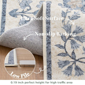 Floral Vintage Area Rug 5x7 Low Pile Machine Washable Non-Slip