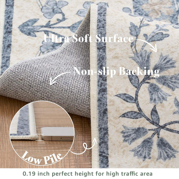 Floral Vintage Area Rug 5x7 Low Pile Machine Washable Non-Slip