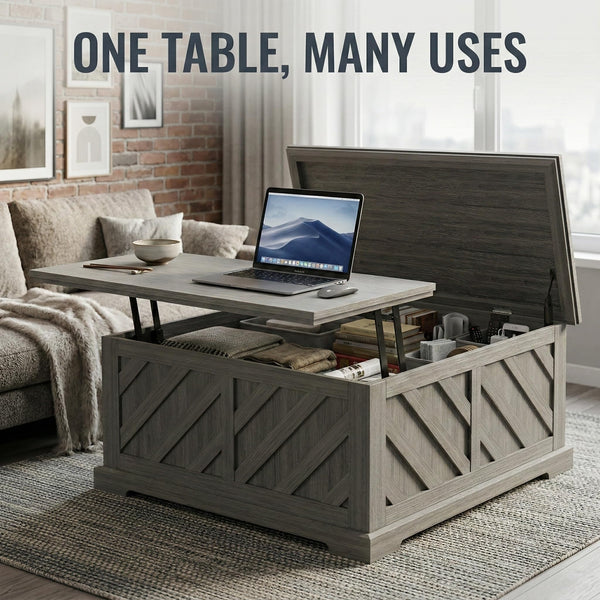 Lift-Top Coffee Table with Hidden Storage & Diagonal Pattern