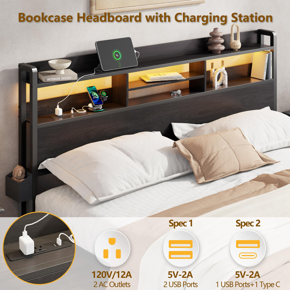 Full Size Bed Frame with Storage Drawers, LED Lights & Charging Station